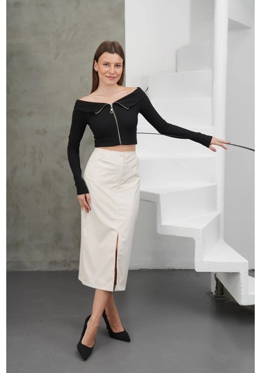 Yırtmaçlı Uzun Deri Etek Krem Krem