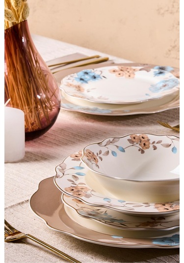 Porselen Flore Bone 24 Parça 6 Kişilik Yemek Takımı Desenlı Desenli