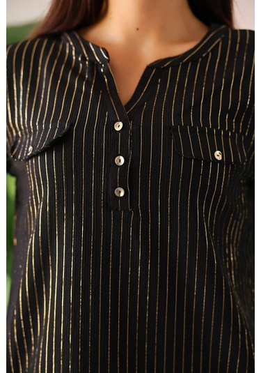 Lupinn Moda Kadın Siyah Simli /sim Parlak Çizgili Cep Detaylı Uzun Kollu Bluz Siyah