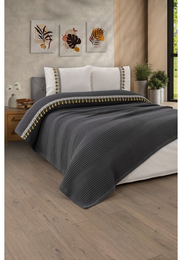 Çift Kişilik 4 Parça Püsküllü Havuz Pike Takımı Antrasit