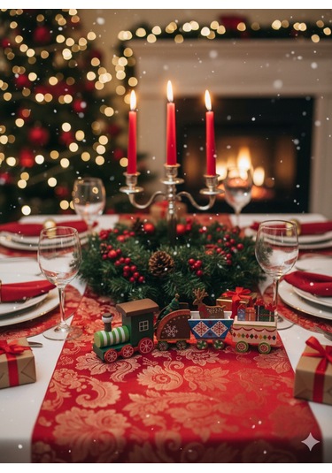 4 Parça Yılbaşı Treni Seti 21 Cm - Ahşap Dekoratif Mini Tren Figürü Masa Üstü Ve Ev Dekorasyonu Diğer