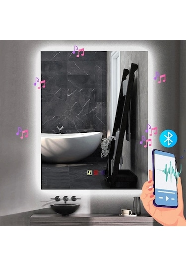 50x70 H Cm Bluetoothlu Buğu Çözücülü Dokunmatik Işıklı Ledli Banyo Aynası Şeffaf