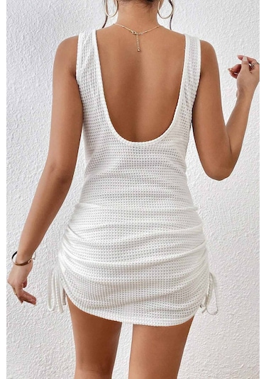 Angelsin Yandan Büzgülü Likralı Plaj Elbisesi Pareo Cover Up Kimono Beyaz