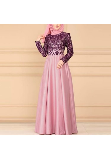 Sones Dantel Dikiş Retro Büyük Salıncak Elbise Etnik Stil Uzun Kollu İnce Elbise Pembe