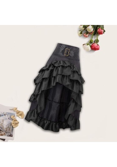 Kadın Etek Yüksek Bel Düzensiz Fırfır Patchwork Renk Eşleştirme Retro Dağınık Ortaçağ Kraliyet Tarzı Bayan Maxi Etek Performans Kostüm Siyah