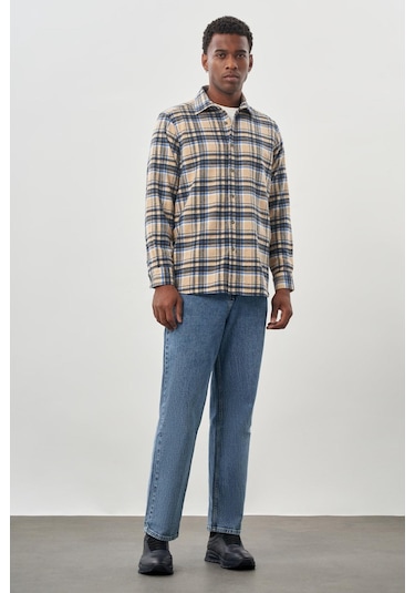 Bej Yünlü Ekose Desen Yumuşak Yaka Cepsiz Uzun Kol Casual Comfort Fit Gömlek 1004245227 Bej