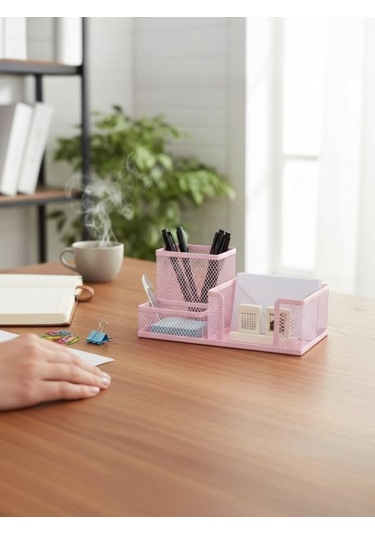 Need Nd-1033 Metal Mesh Masaüstü Organizer 3 Bölmeli, Çok Amaçlı Düzenleyici Pembe