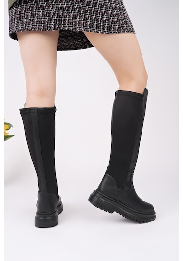 Muggo Nerox Kalın Taban Streç Detaylı Fermuarlı Kadın Çizme - Siyah