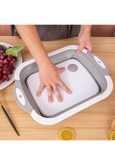 Gri Derin Oluk Tasarımlı Kesme Tahtası Küf Önleyici Kaymaz Çok Fonksiyonlu Damlalıklı Sepet