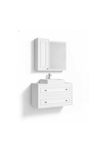 Perge 100 Cm Lavabo Dolabı Mat Beyaz Led Ayna Ve Ayna Yan Dolap Seti Taş