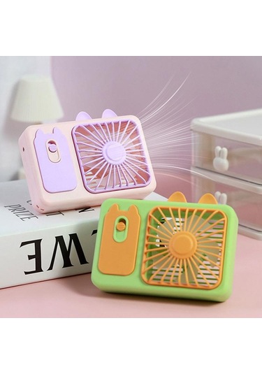 Sevimli Karikatür Yavru Kedi Kamera El Büyük Rüzgar Şarj Edilebilir Fan Standı Masaüstü Fanı Mor