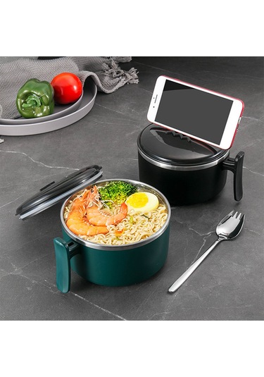 Neevoyu Yeşil Isı Yalıtımlı El Kolu 1000ml 304 Paslanmaz Çelik İç Kabuklu Mikrodalga Uyumlu Yemek Kutusu - Çorba, Makarna, Öğle Yemeği İçin Pratik Kap Yeşil