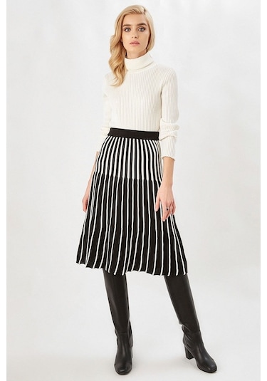 Peraluna Midi Boy Çizgili Çan Etek Siyah_Ekru Siyah