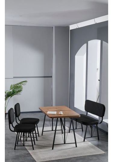 Elfin 70x110 Atlantik Yemek Masası, Yemek Masası Takımı, 2 Sandalye 1 Bench - Siyah Siyah