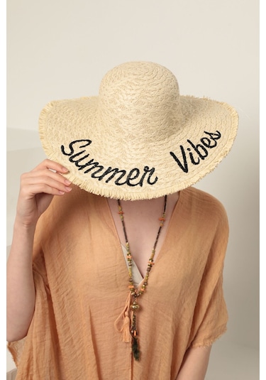 Bej Summer Vibes Yazılı Hasır Şapka Bej