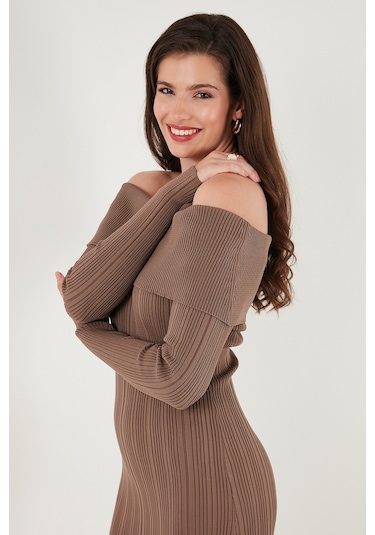 Lela Premium Fitilli Carmen Yaka Slim Fit Midi Boy Triko Bayan Elbise 680El00033 Vizon