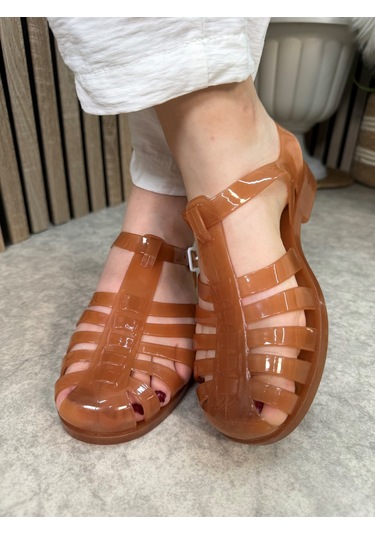 Kadın Çocuk Deniz Ayakkabısı Plaj Havuz Rafting Jel Görünümlü Şeritli Kaydırmaz Taban Sandalet 309 Karamel Kahverengi