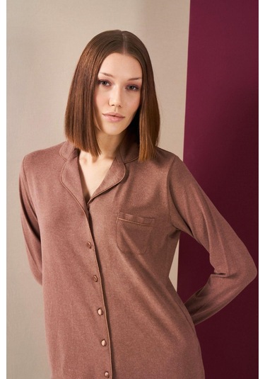 Pjs 26032 Kadın Boydan Düğmeli Patlı Uzun Kol Pijama Takım Karamel