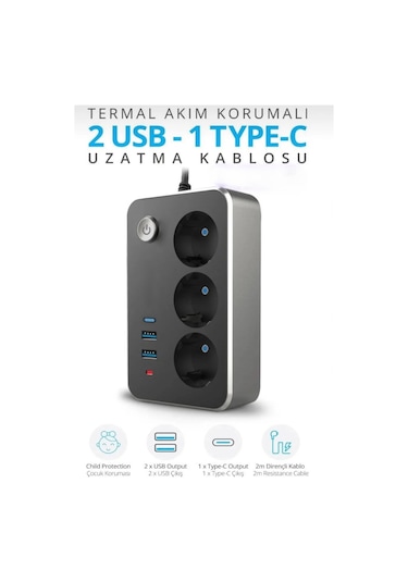 Üçlü Akım Korumalı Çocuk Korumalı 2x Usb 1x Type-c Grup Priz Uzatma 1,8 Mt Kablolu 2 M
