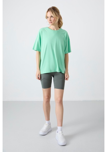 Tommy Life Su Yeşili Penye Modal Yumuşak Tuşeli Oversize Fit Basic Kadın T-shirt- 97285 Su Yeşili