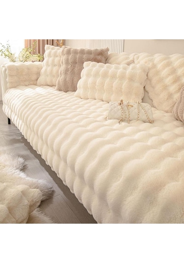 Yapay Tavşan Kürk Kanepe Örtüsü Kaymaz Ve Toz Geçirmez Kalın Yumuşak Kanepe Örtüsü Mobilya Koruyucu Beyaz