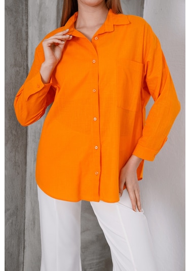 Paw Garage Kadın London Keten Tek Cepli Oversize Gömlek, Premium Kalite Keten Gömlek Turuncu