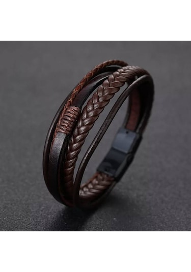 Erkek Hakiki Deri Bileklik Kahverengi Çelik Toka Bileklik Db5027 Kahverengi