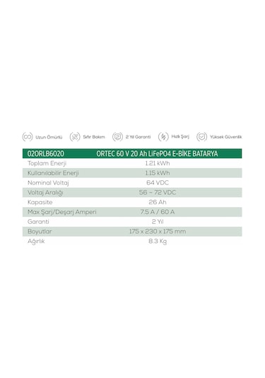 Ortec Lifepo4 Batarya 60v 15ah