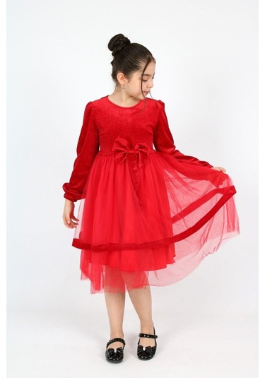 Kız Çocuk Kadife Kumaş Tül Detaylı Diz Boyu Tokalı Elbise Kırmızı