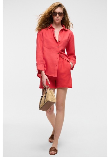 Rea Kadın %100 Pamuk Müslin Kumaş Rahat Kesim Düğmeli Regular Fit Nar Çiçeği Gömlek