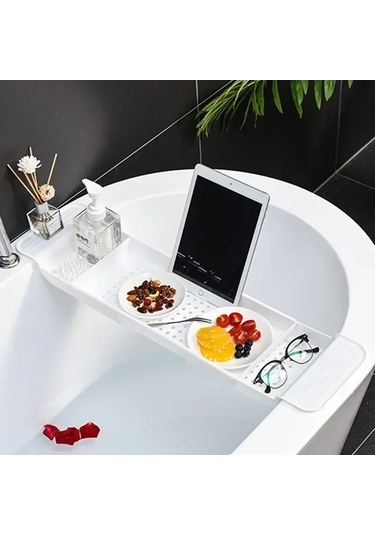 Lichen Uzatılabilir Küvet Raf Banyo Küveti Tepsisi Duş Rafı Beyaz