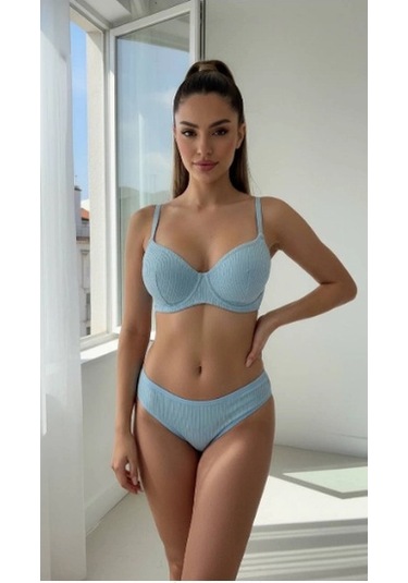 Arona Kadın Balenli Fitilli Kaşkorse Mavi Sütyen Takımı Mavi