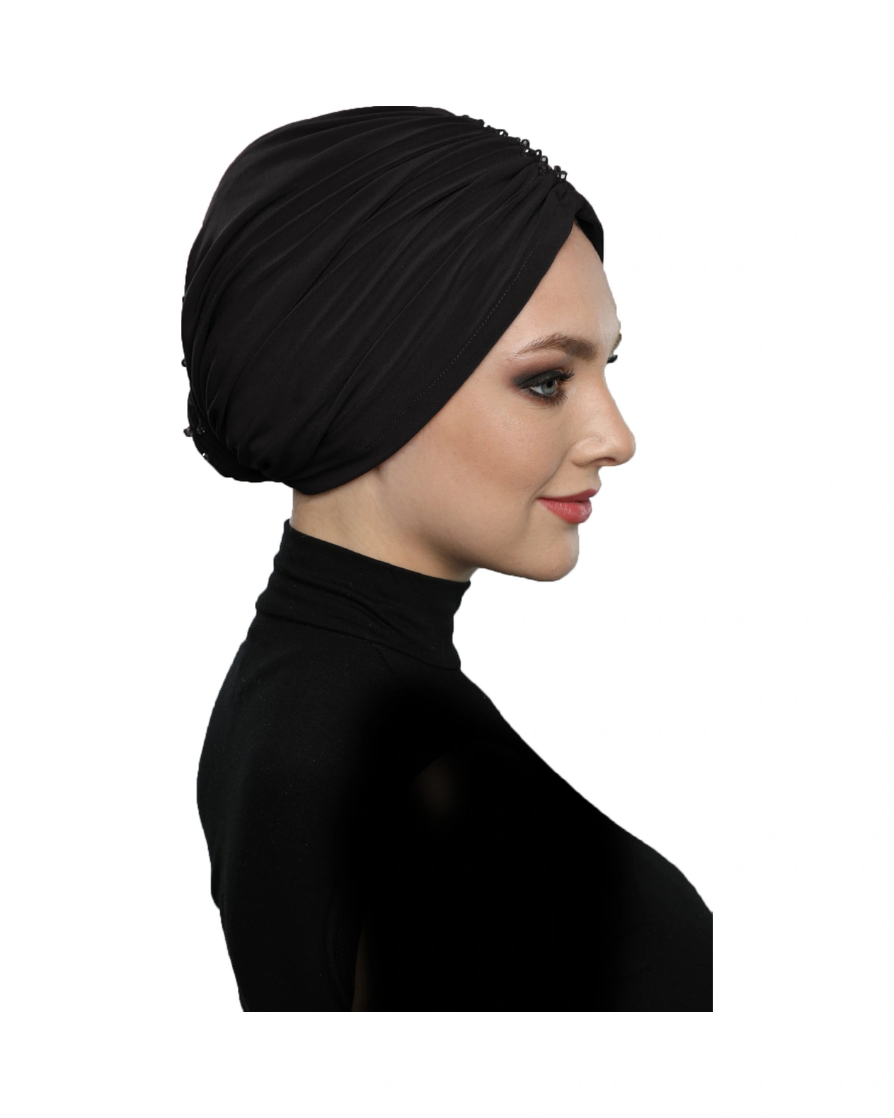 Kristal Yelpaze Taş Işlemeli Çift Taraflı Astarlı Siyah Hazır Türban Tesettür Abiye Bone Siyah