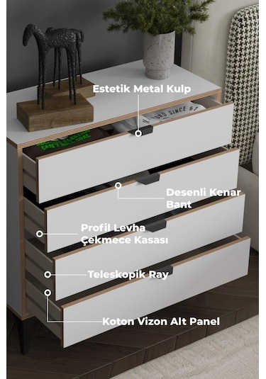 Arden 4 Çekmeceli Şifonyer Beyaz