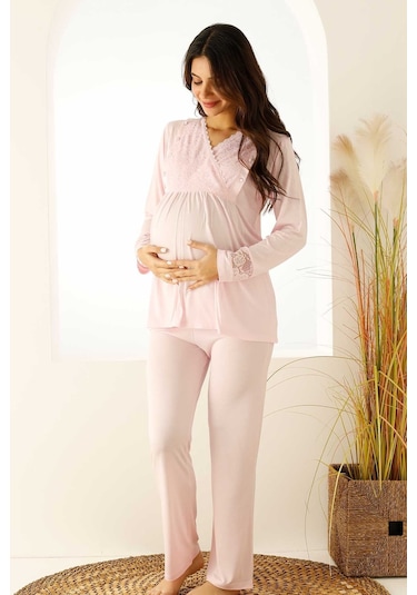 Premium Kutulu Emzirme Bölmeli Dantelli Hamile Lohusa Pijama Takımı Açık Pembe