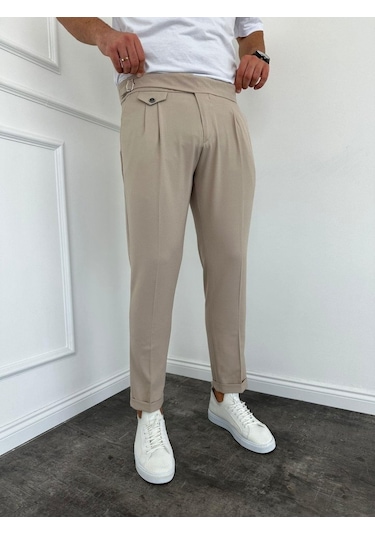 Erkek Bel Toka Detaylı Pileli Old Money Pantolon Bej