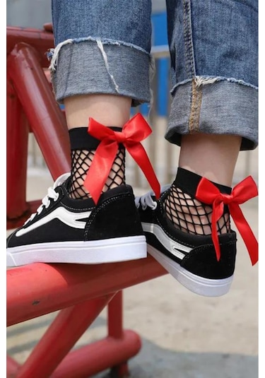 Heleni Kadın File Desenli 3 Çift Fiyonklu Soket Çorap Beyaz - Kırmızı - Siyah