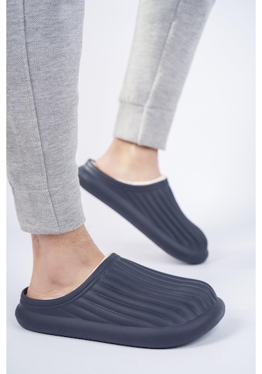 Modafrato Flora Kapalı İçi Yünlü Unisex Ev Terliği Kışlık Terlik Su Geçirmez Lacivert
