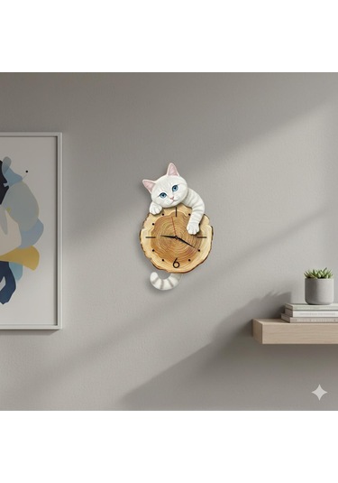 Cajuart Kütük Üzerinden Bakan Beyaz Kedi Tasarımlı Duvar Saati Modern Dekoratif Saat Beyaz