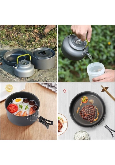 Tcherchi 3 Parça Set Kamp Tencere Seti Açık Pişirme Seti Su Isıtıcısı Tava Pot Sofra Ekipmanları Siyah - Yeşil Siyah
