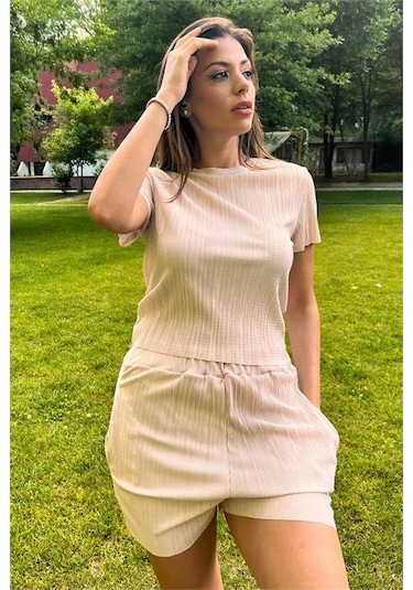 Neşeli Butik Kadın Yeni Sezon Piliseli Alt Üst İkili Takım Nb10047 Bej