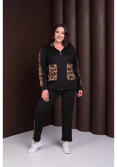 Kapüşonlu Leopar Desenli Alt-üst Takım Siyah