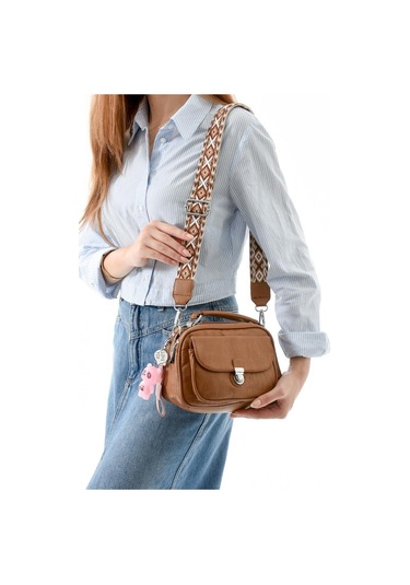 Vegan Deri Kadın Postacı Çanta 21 15 Cm Yıkama Suni Deri Omuz Çantası Çapraz Askılı Çanta Taba