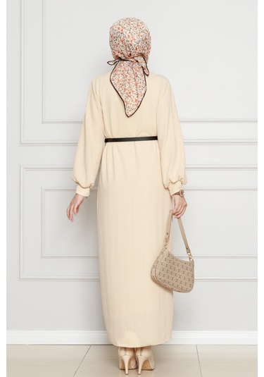 Balıkçı Yaka Kemerli Elbise-bej-4555 Bej