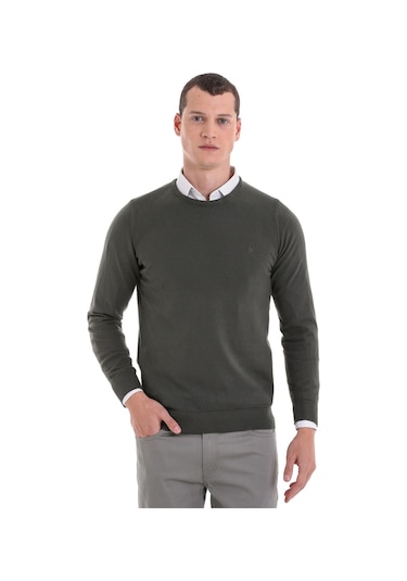 Hatemoğlu Erkek Regular Fit Düz Bisiklet Yaka Pamuklu Triko Kazak Haki