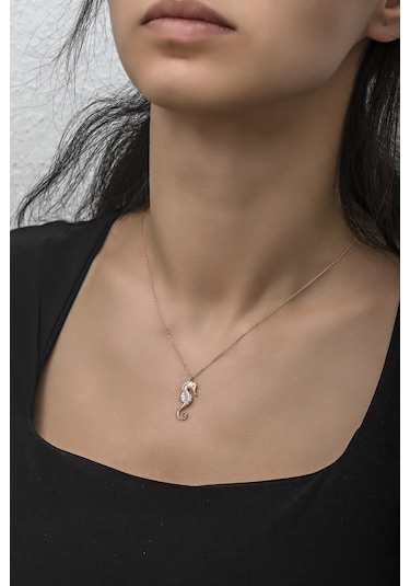 Nereze 925 Ayar Gümüş Rose Zirkon Taşlı Deniz Atı Kolye