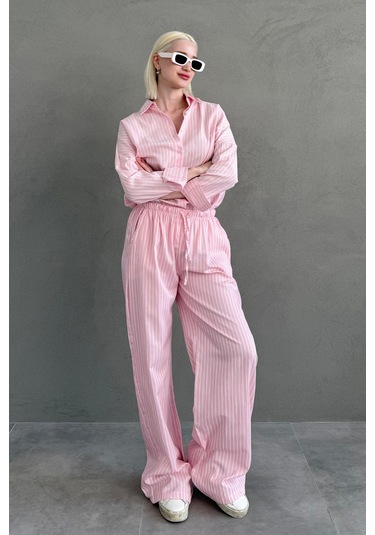 Madmext Pembe Çizgili Gömlek Pantolon Kadın Takım Mg2457 Pembe