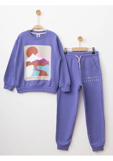 Kız Çocuk Manzara Baskılı Eşofman Takım-14235 Mor