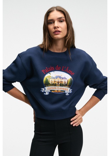TALMERA Kadın Önü Baskılı Yuvarlak Yaka Lacivert Sweatshirt