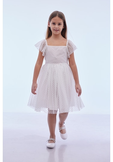 Ahengim Kız Çocuk Kare Yaka Trend Tül Elbise Ak2242 Beyaz